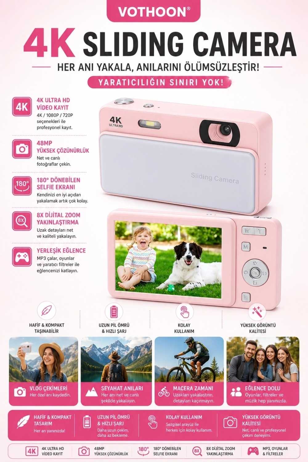 TCX Dijital Kamera 4k Hd 48mp 8x Zoom Flaşlı Kayar Retro Video Kamera 2.4’’ Ekran 64gb Sd Kart Hediyeli Pembe