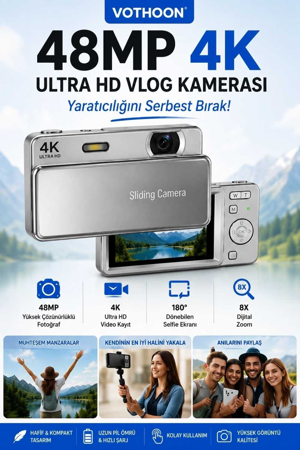 TCX Dijital Kamera 4k Hd 48mp 8x Zoom Flaşlı Kayar Retro Video Kamera 2.4’’ Ekran 64gb Sd Kart Hediyeli Gümüş