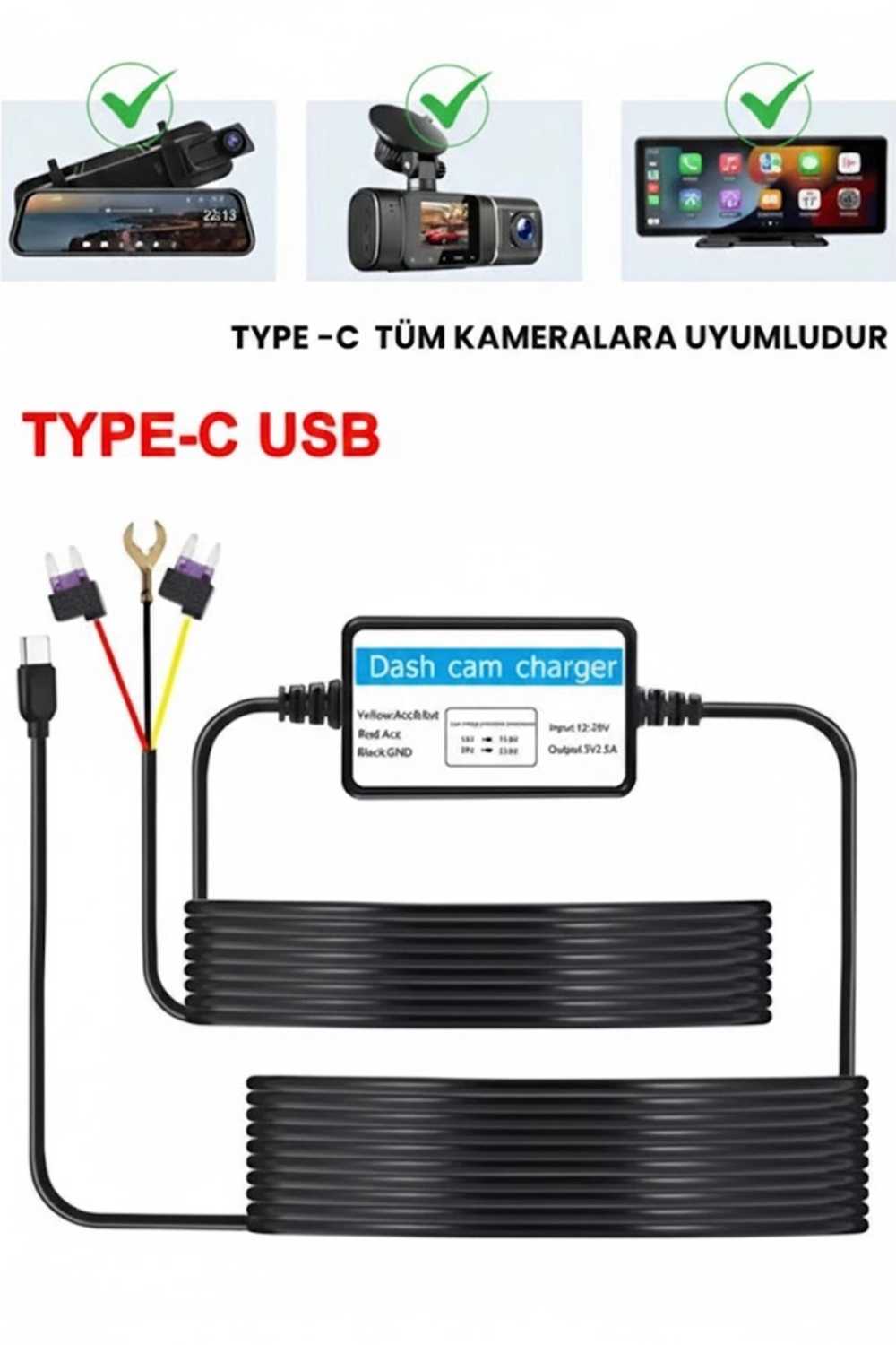 TCX Park Modu Kablosu Type-c Akü Sigorta Bağlantı Kablosu Araç İçi Kamera Tüm Kameralara Uyumlu