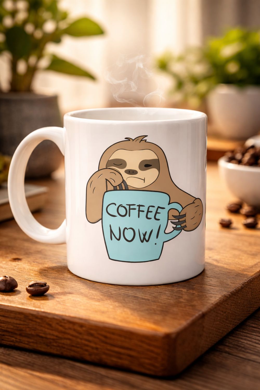 Tembel Hayvan Coffee Now Baskılı Porselen Kupa MODEL 197 – Eğlenceli Kahve Kupası – Ofis ve Ev Kullanımı İçin Sevimli Tasarım Kupa Bardak