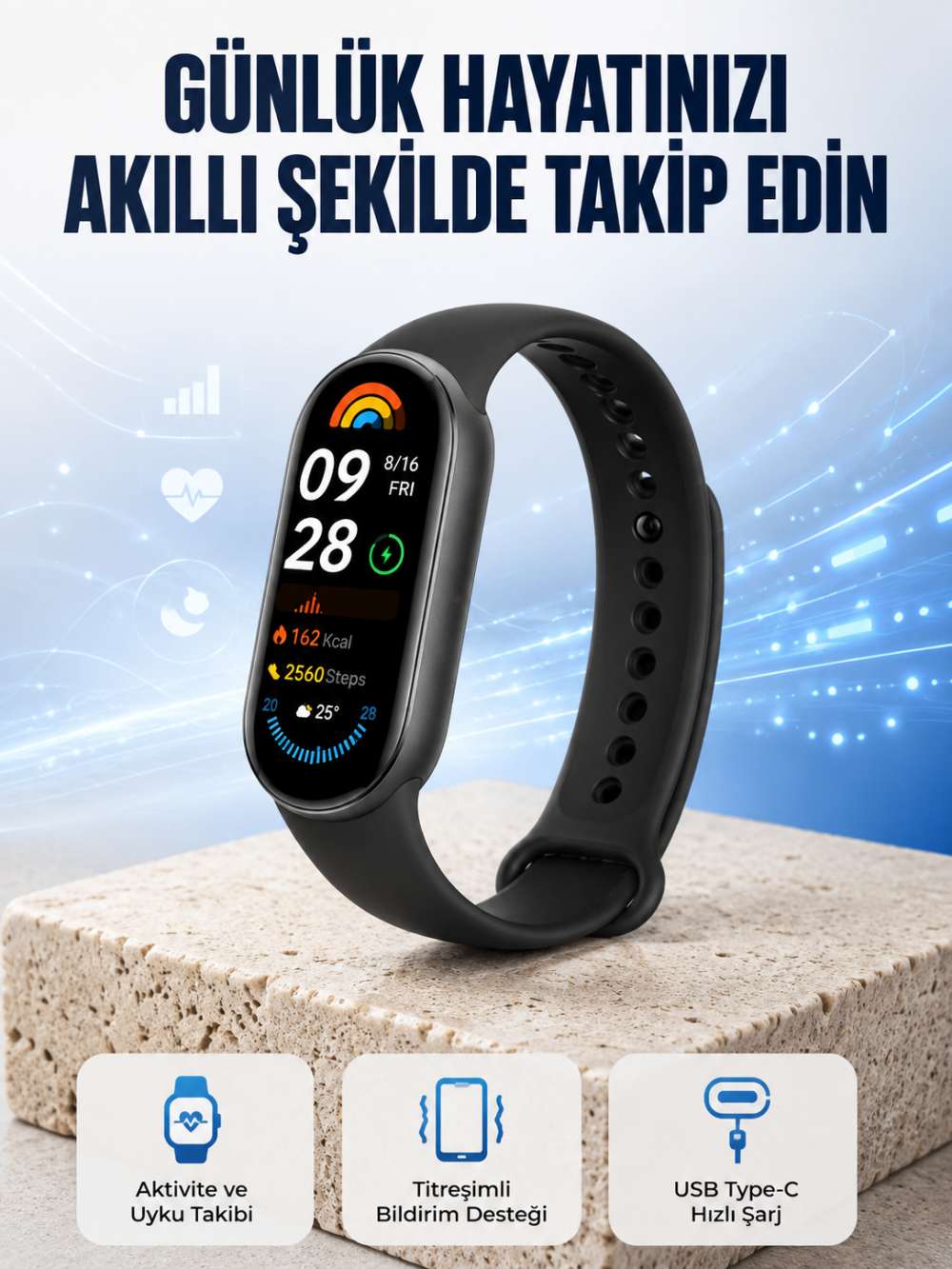 TPU ve Silikon Kordonlu Akıllı Bileklik – 20 Gün Bekleme Süresi Yeni Nesil