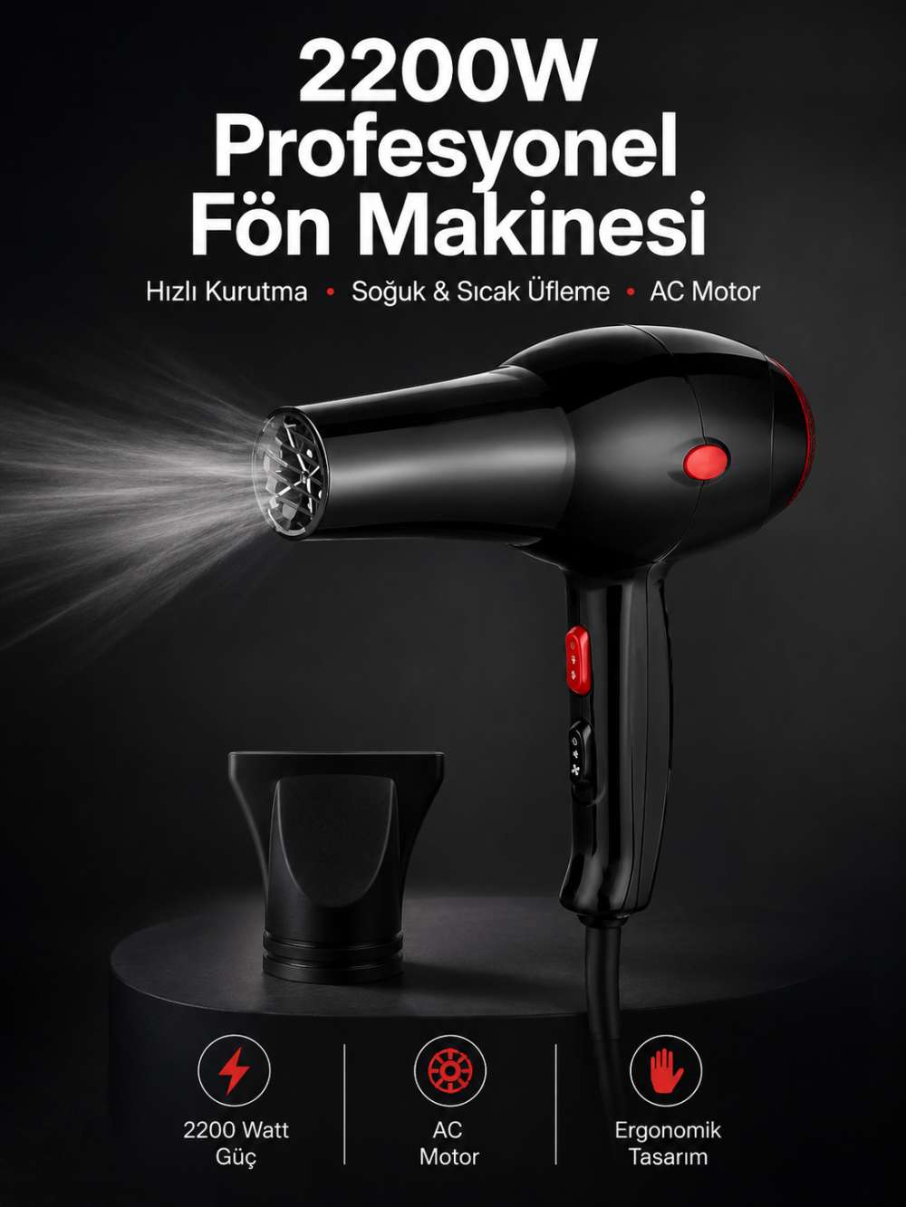 Tüm Saç Tiplerine Uygun, İki Kademeli Hız Ayarlı Fön Makinesi
