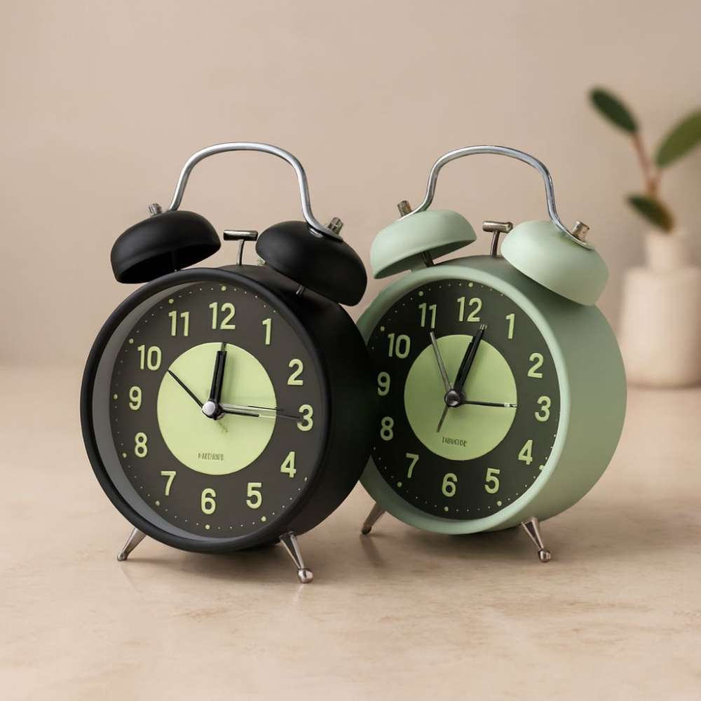 Twin Bell Metal Masa Çalar Saat 11 cm – Pilli, Işıklı, Fosforlu