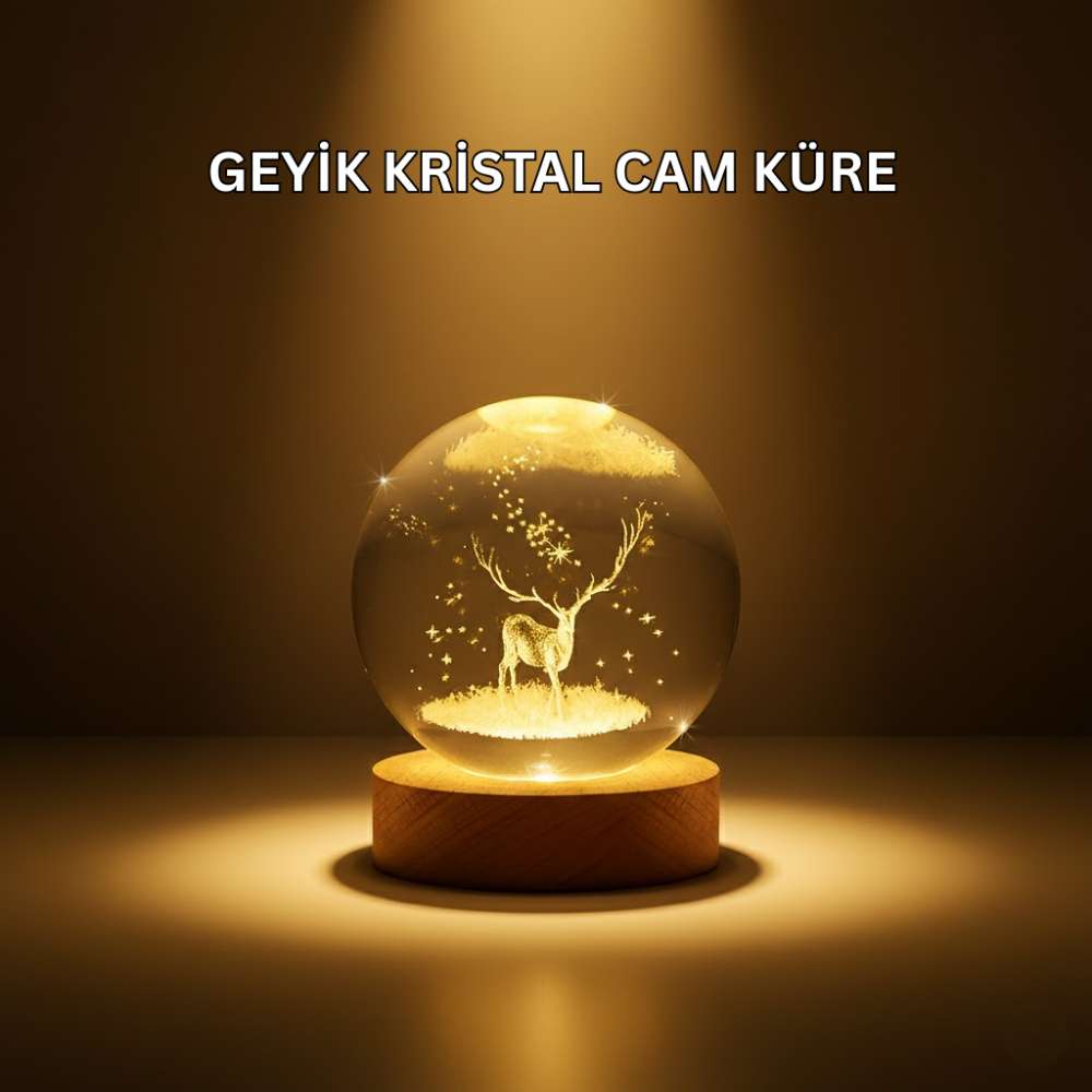 USB Bağlantılı Geyik Temalı Kristal Küre Premium Masa Gece Lambası