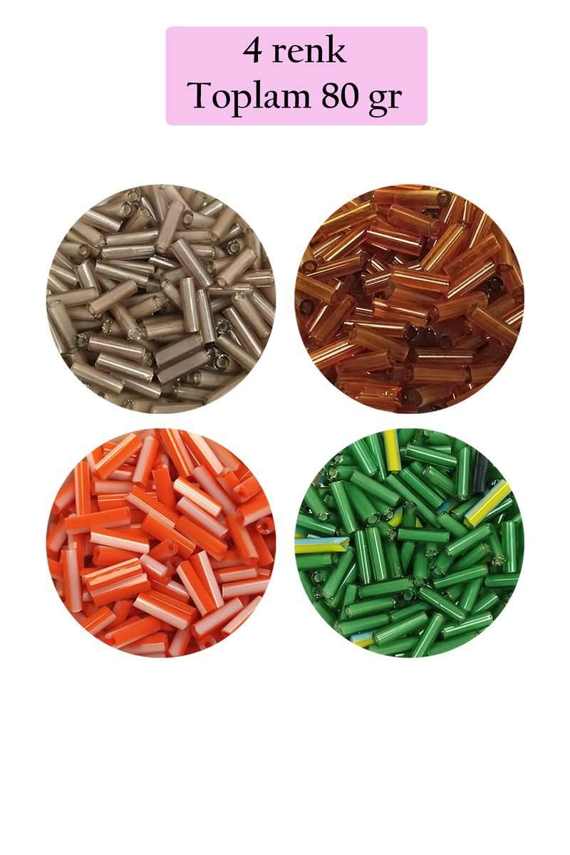 Uzun Boru Kesme Boncuk Çap 2mm Uzunluk 10 mm - 4 Renk - Toplam 80 Gram - BNC433