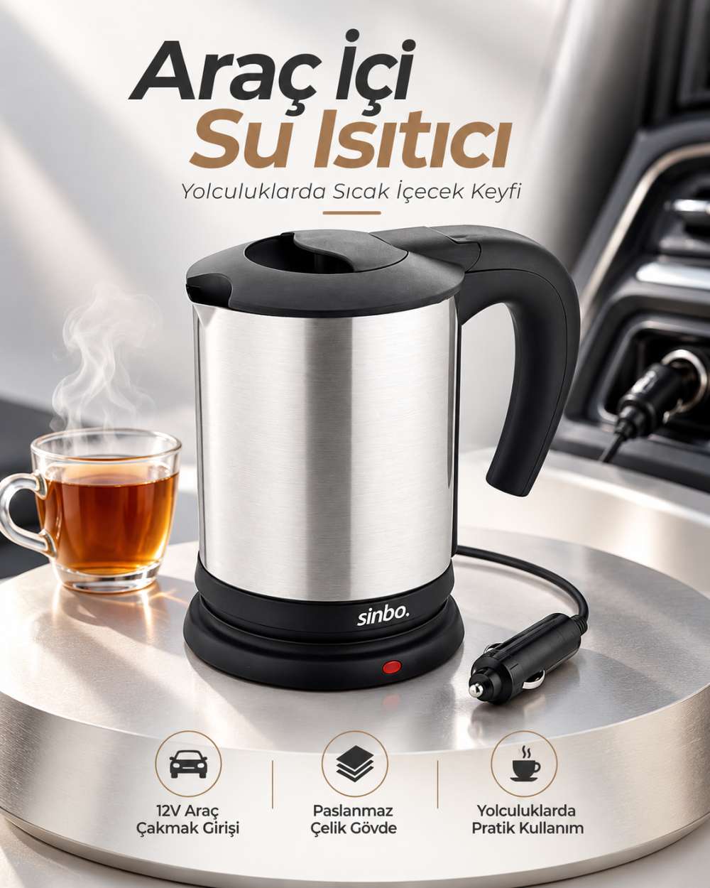 Uzun Yol ve Seyahatlerde Kullanıma Uygun 12V Araç Çakmak Girişli Taşınabilir Su Isıtıcı
