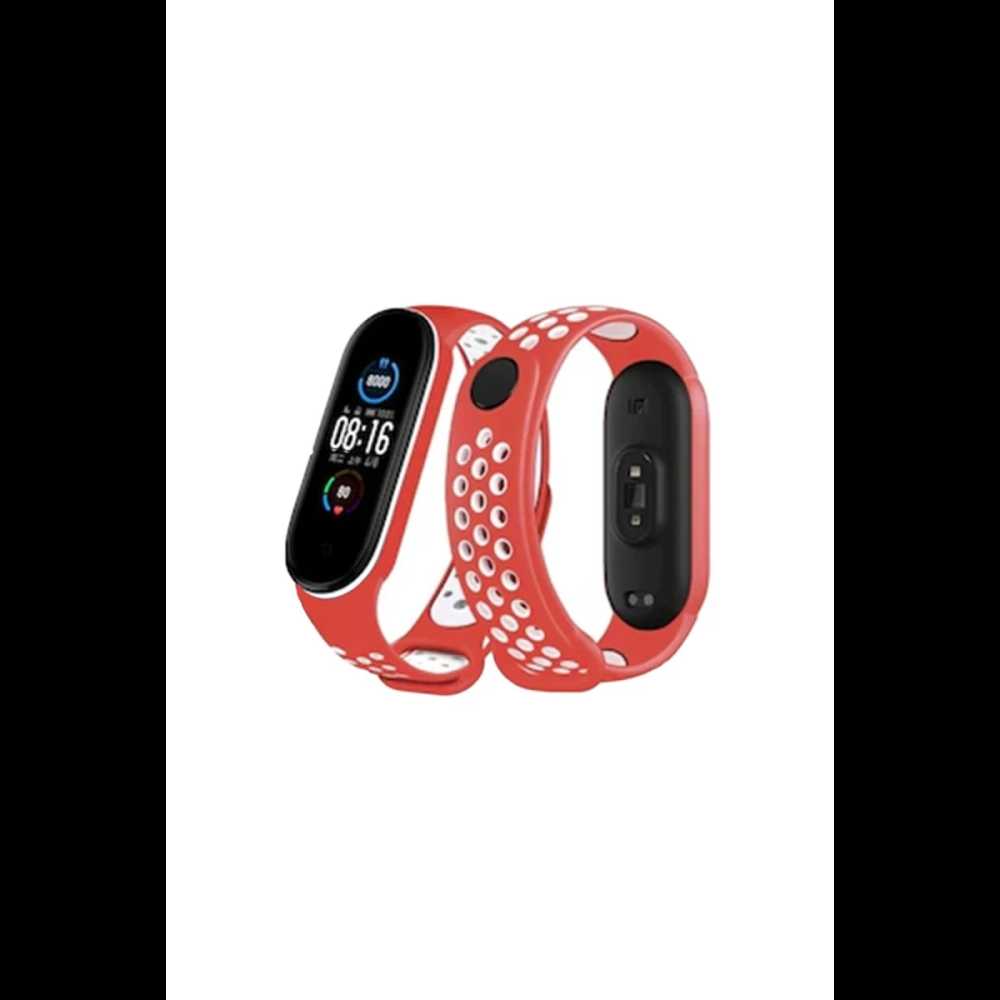 Xiaomi Mi Band 4 Spor Delikli Kordon - Kırmızı-Beyaz