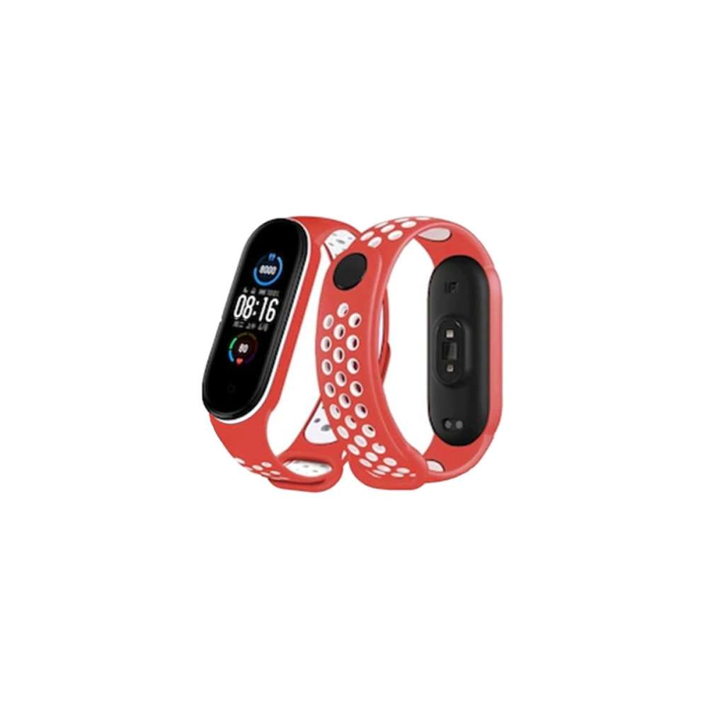 Xiaomi Mi Band 6 Spor Delikli Kordon - Kırmızı-beyaz
