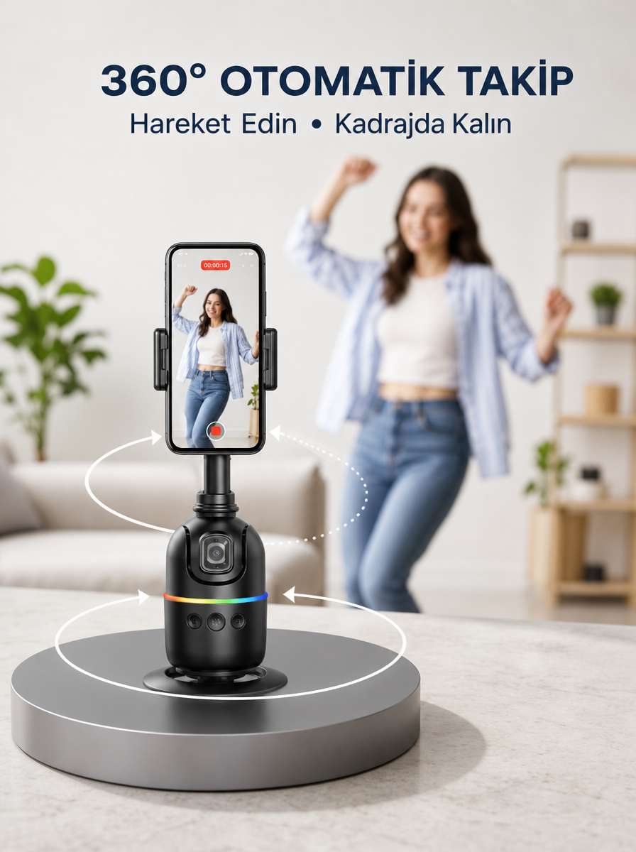 Yapay Zeka Destekli Yüz Takip Özellikli 360 Derece Dönen Masaüstü Telefon Sabitleyici Yeni Nesil