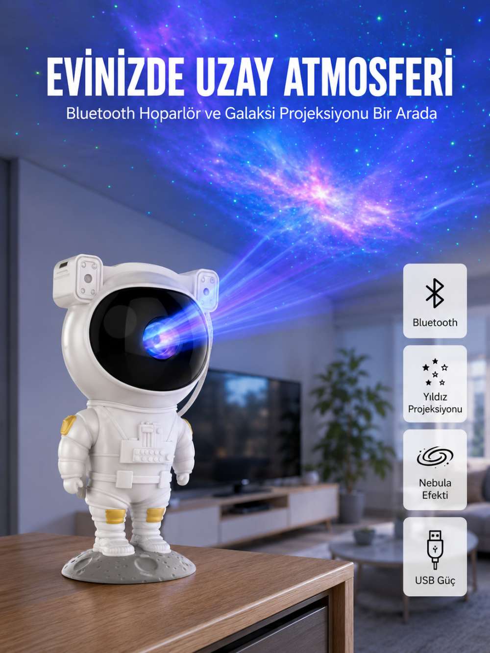 Yıldız ve Ay Efektli Uzaktan Kumandalı Projeksiyon Lamba