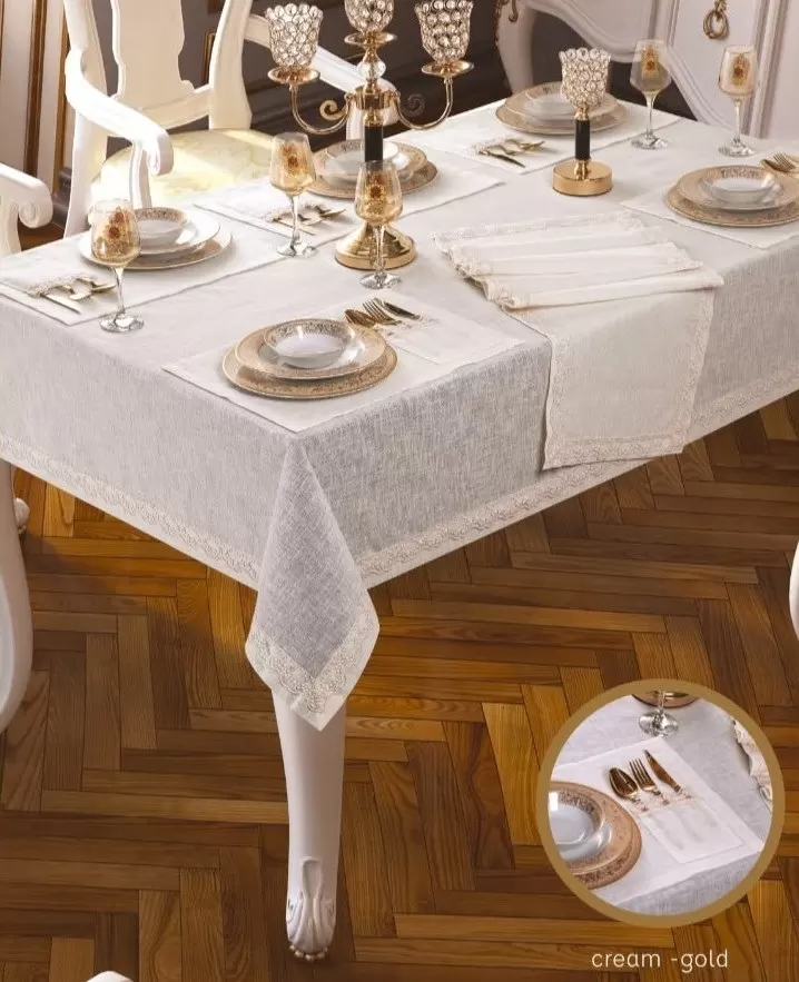 Zara Linen Yemek Takımı Masa Seti 12 Kişilik 26 Parça 160 × 220 cm Runner Set Krem
