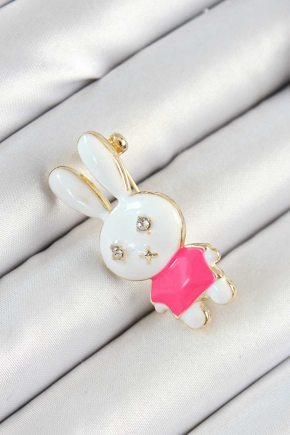 Zirkon Taş Detaylı Beyaz Ve Pembe 3D Tavşan Figürlü Kadın Broş